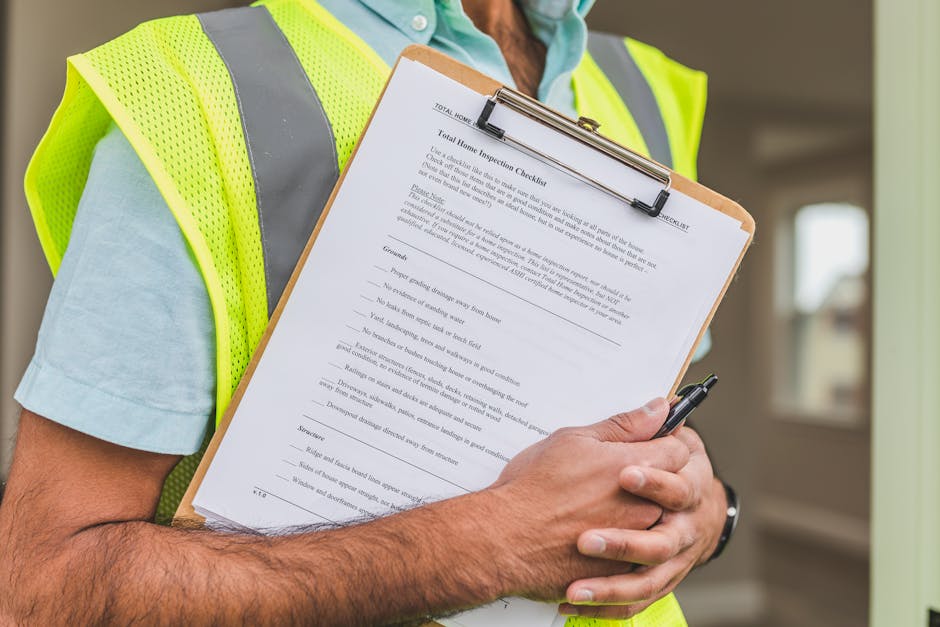 Close-up of a person wearing a high-visibility yellow vest and light blue shirt holding a clipboard with a detailed home inspection checklist for surface cleaning and sanitisation in a residential set